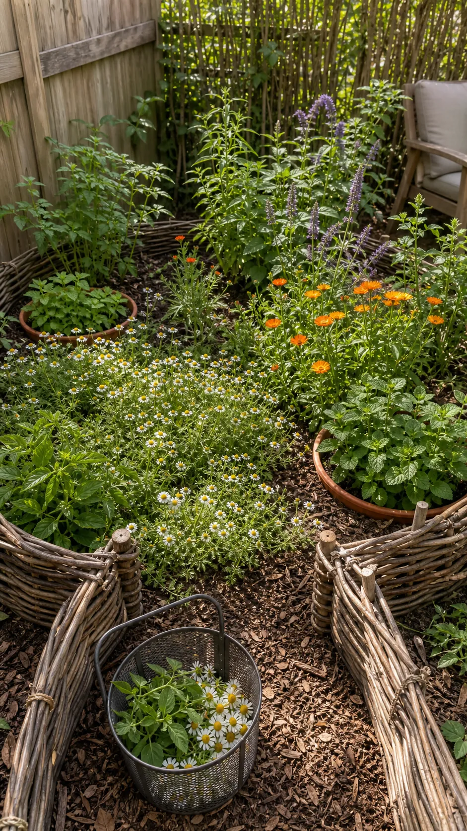 Tea herb garden with chamomile, lemon balm, mint pots, sage, and edible flowers