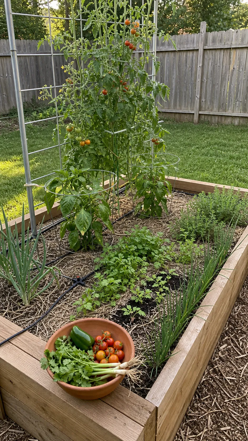 Salsa garden bed combining cilantro, oregano, chives, peppers, tomatoes, and scallions