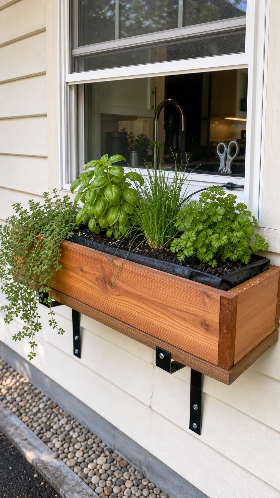 Deep kitchen window box planted with compact thyme, parsley, chives, and basil