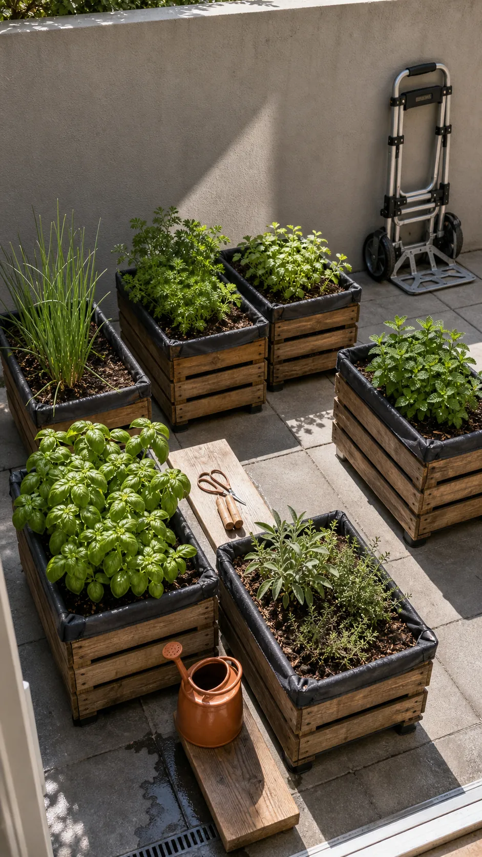 Modular herb garden built from lined wood crates on a small paved courtyard