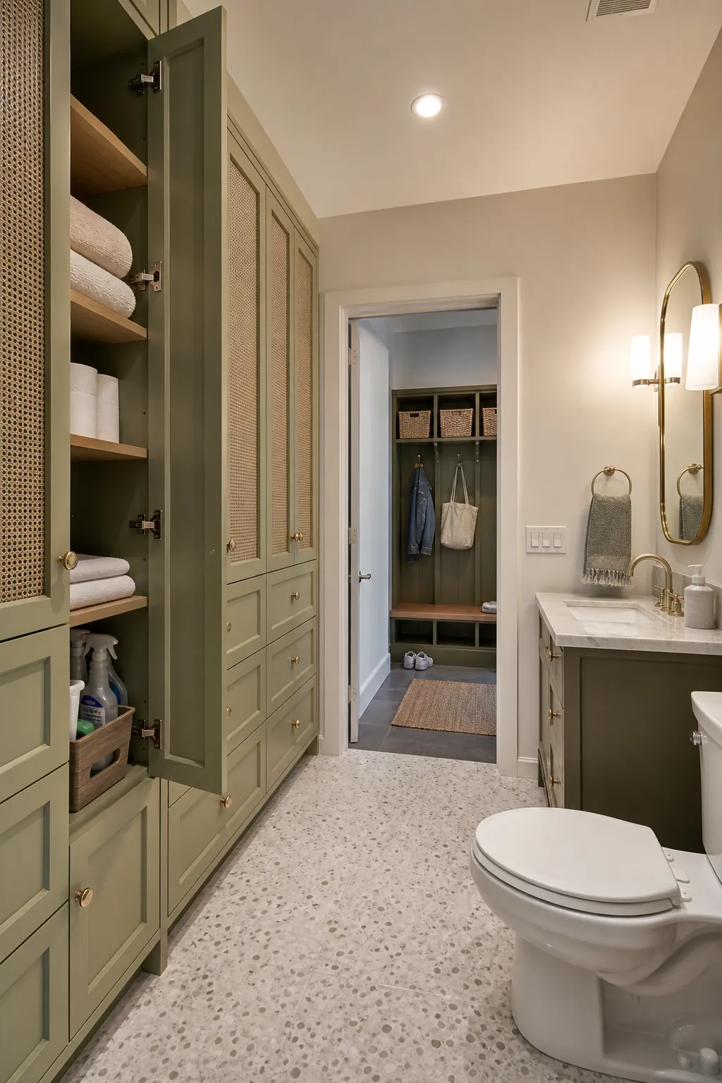 Spacious powder room with shallow floor-to-ceiling built-in storage