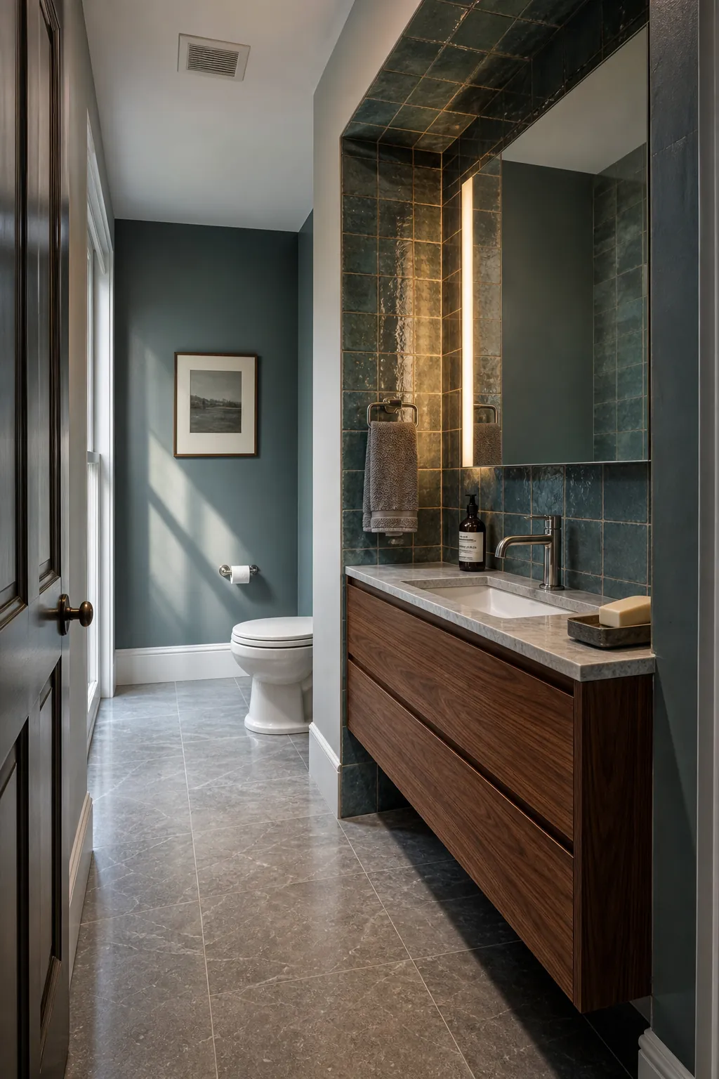 Large half bath with a defined tiled washstand alcove