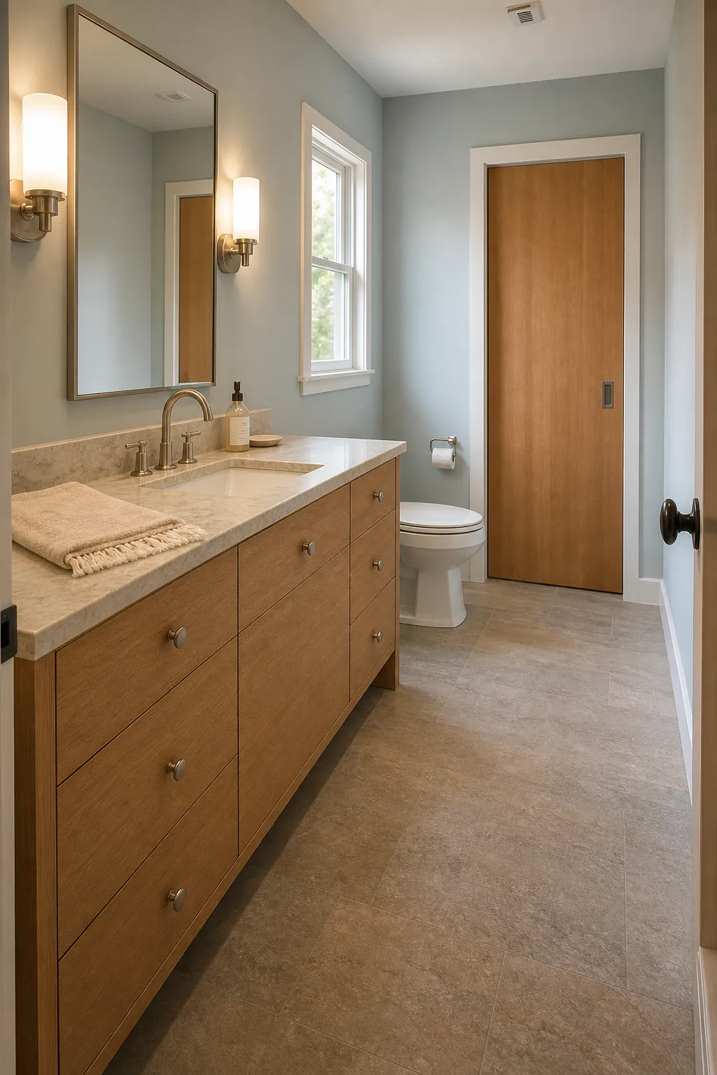 Large half bathroom anchored by a wide single-sink oak vanity