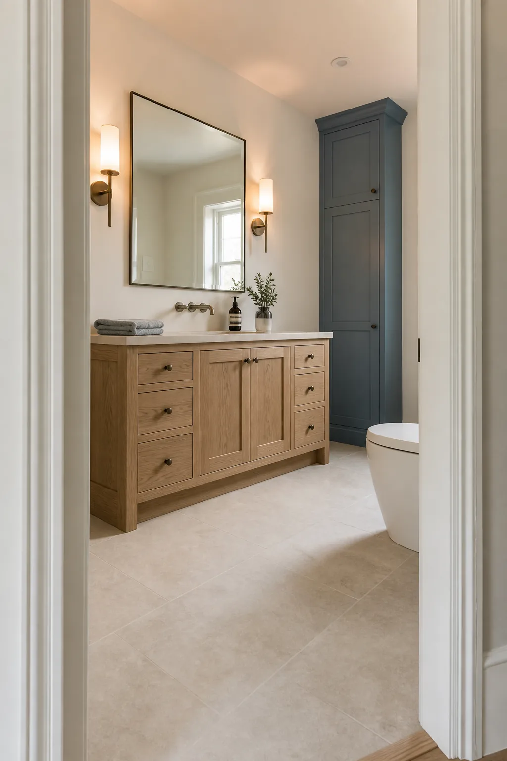 Large half bathroom with a wide vanity, tall storage, and clear circulation