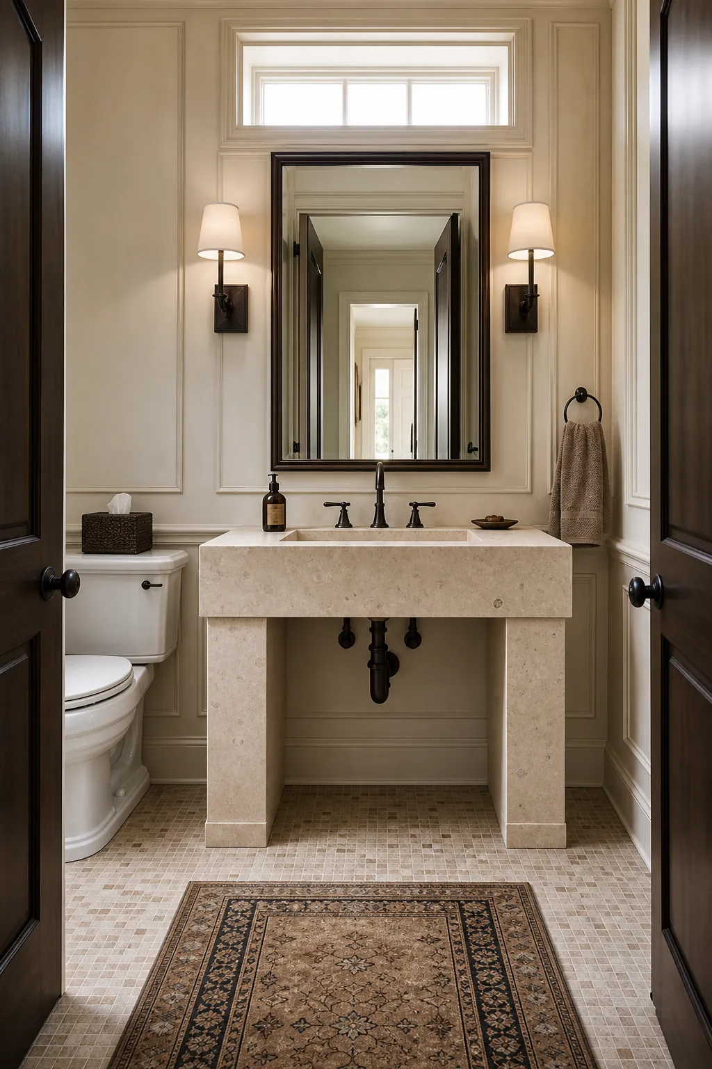 Formal large powder room centered on a stone console sink