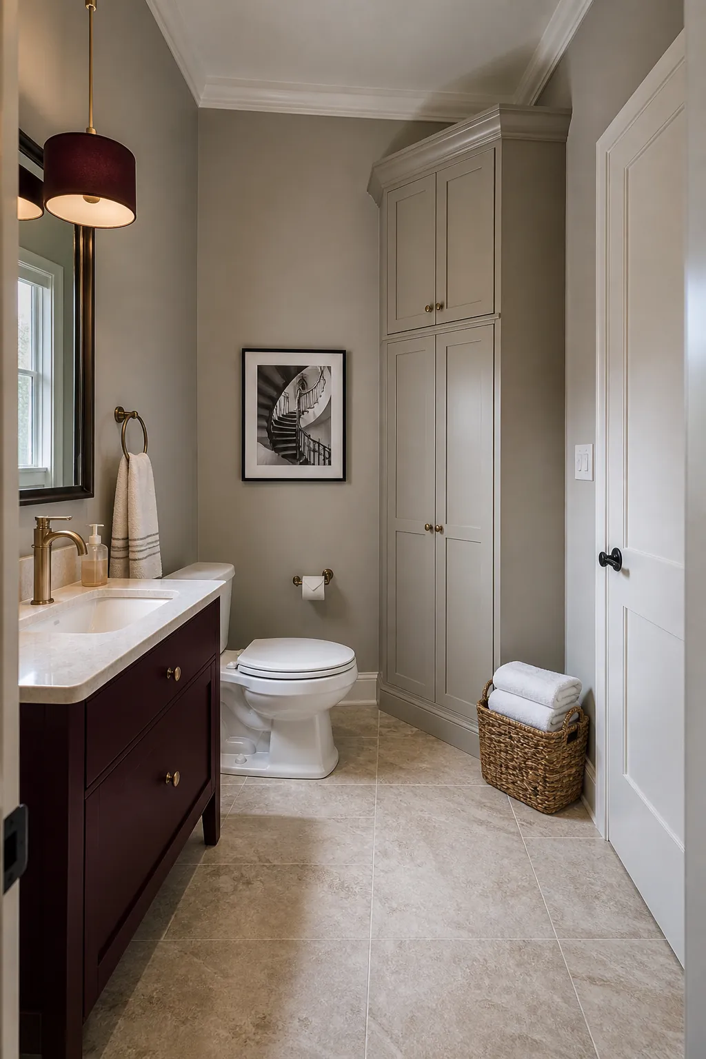 Generous half bathroom with a tall corner linen cabinet