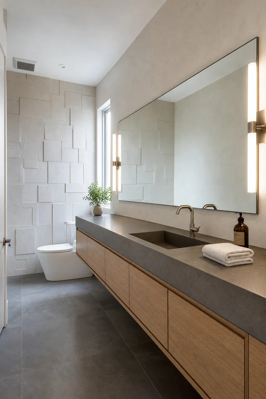 Large half bathroom with an oversized horizontal mirror