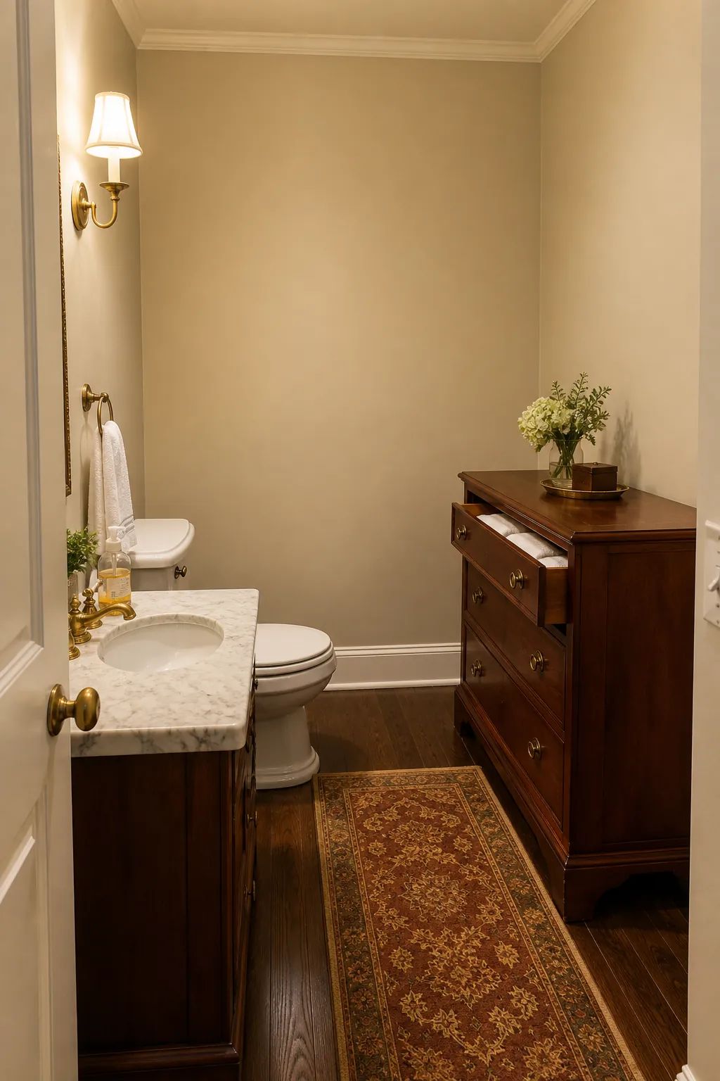 Spacious guest powder room with a shallow vintage towel chest