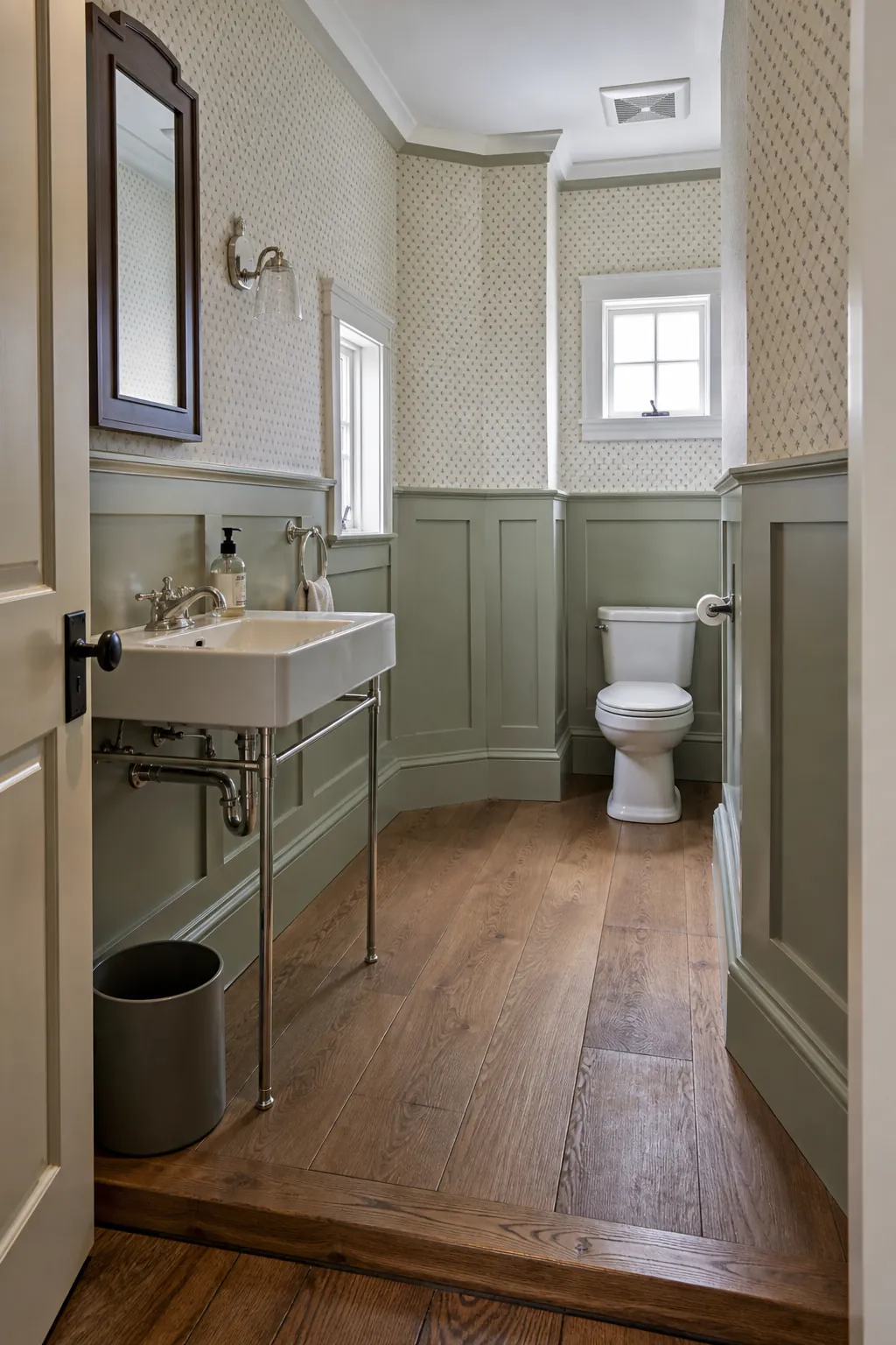 Large half bath unified by continuous painted wall paneling