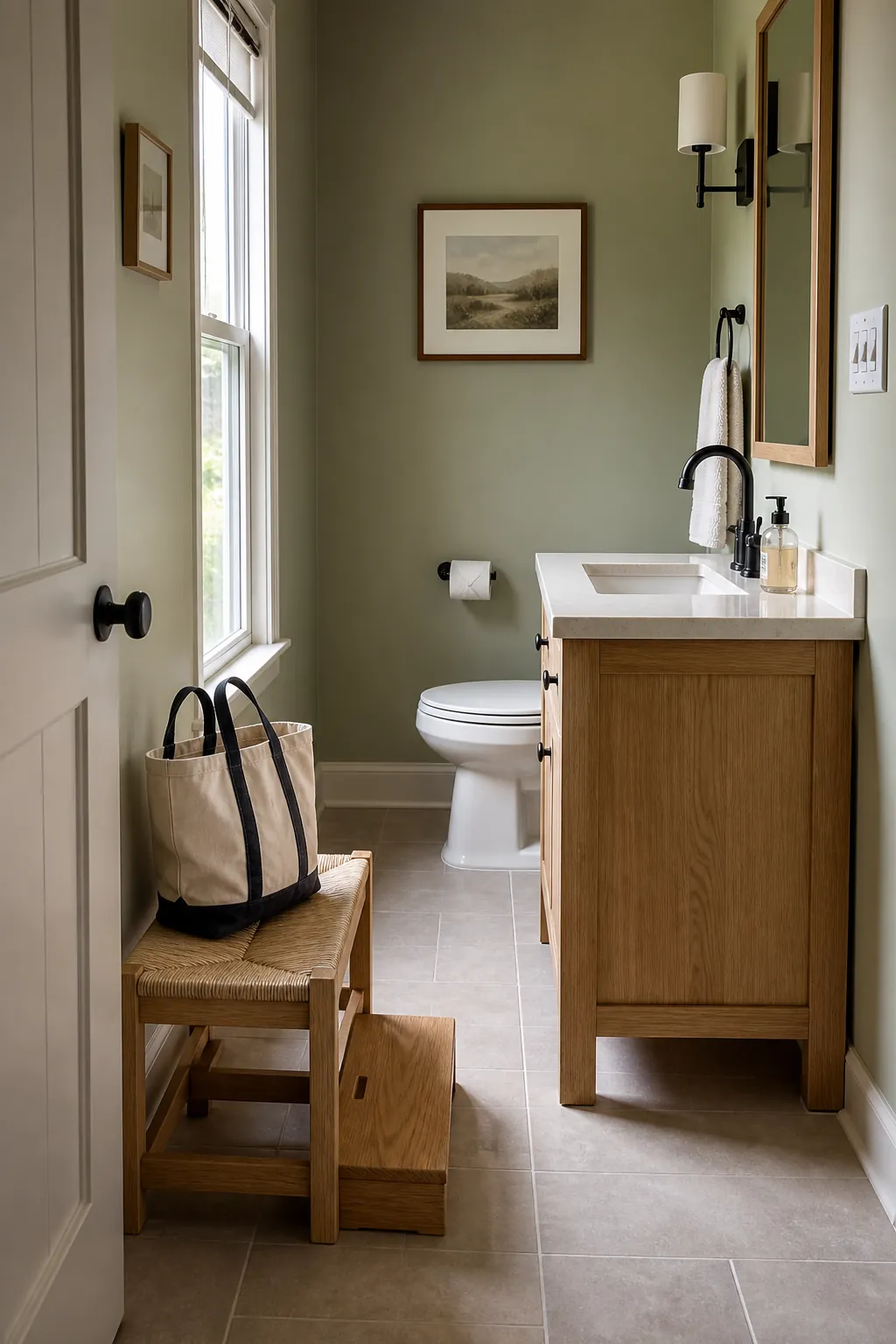 Roomy half bath with a practical compact oak bench
