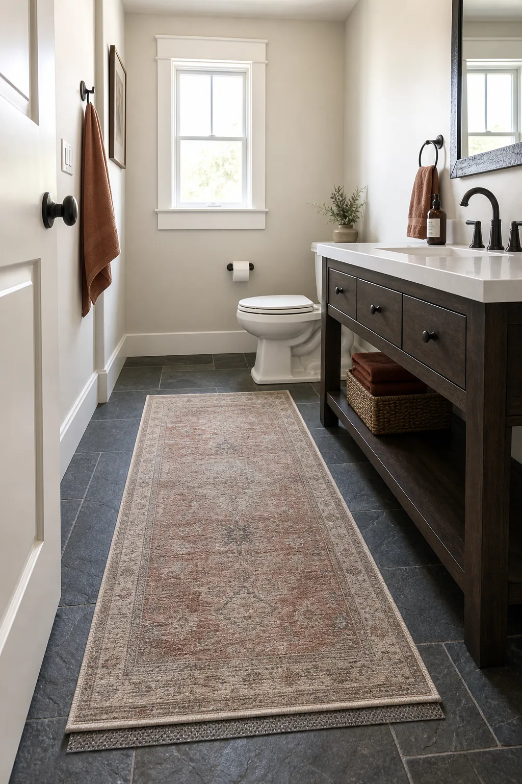 Large half bathroom with a correctly scaled washable low-pile rug