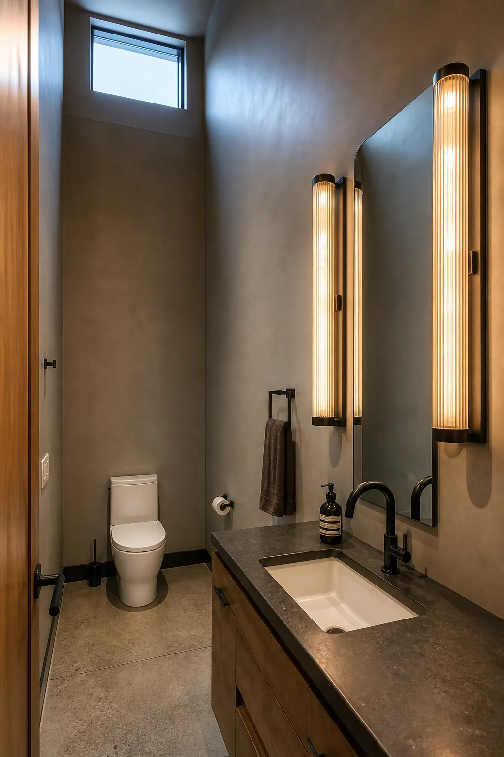 Tall powder room balanced by elongated wall sconces