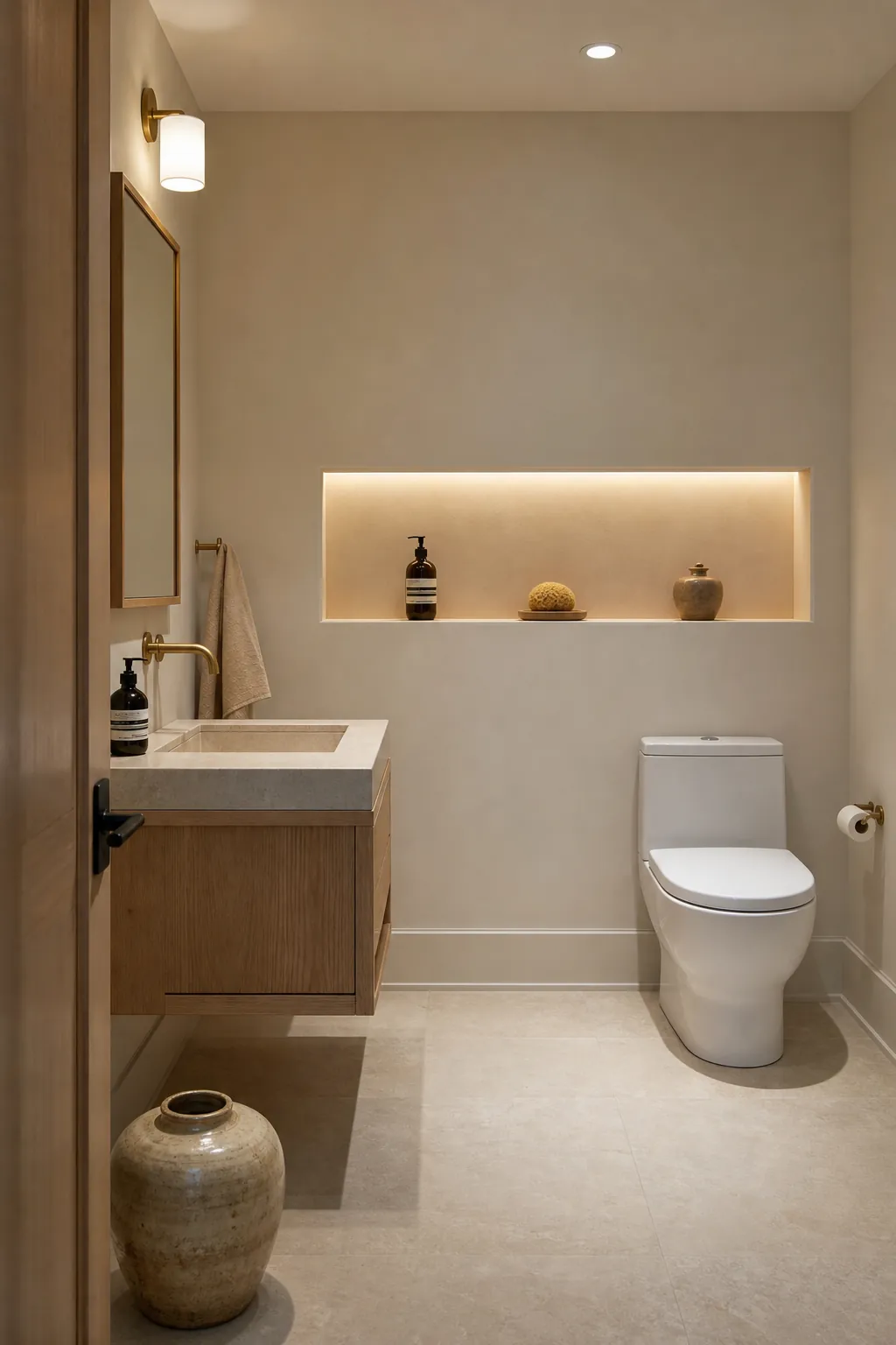 Generous half bathroom with a softly lit recessed display niche