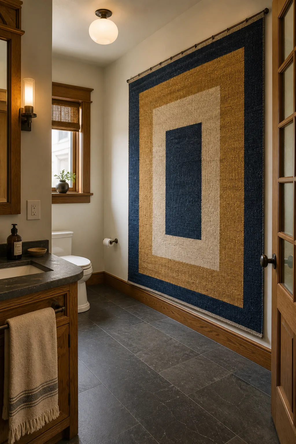 Large powder room with one oversized woven geometric textile