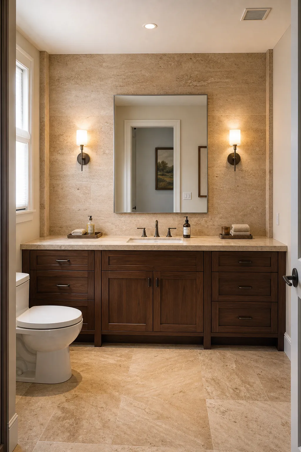 Large half bath with a full-width warm stone backsplash