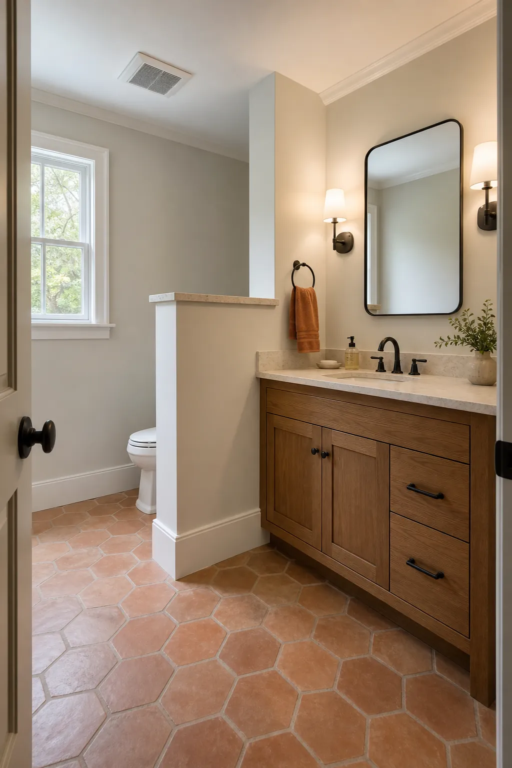 Large half bathroom with a slim privacy half wall beside the toilet