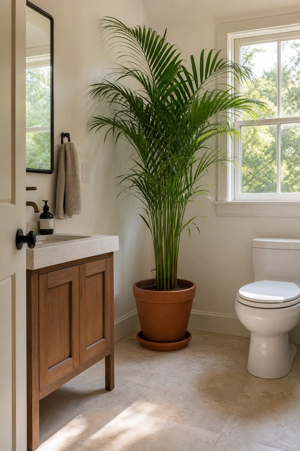 Bright large half bath with a tall living plant in an unused corner