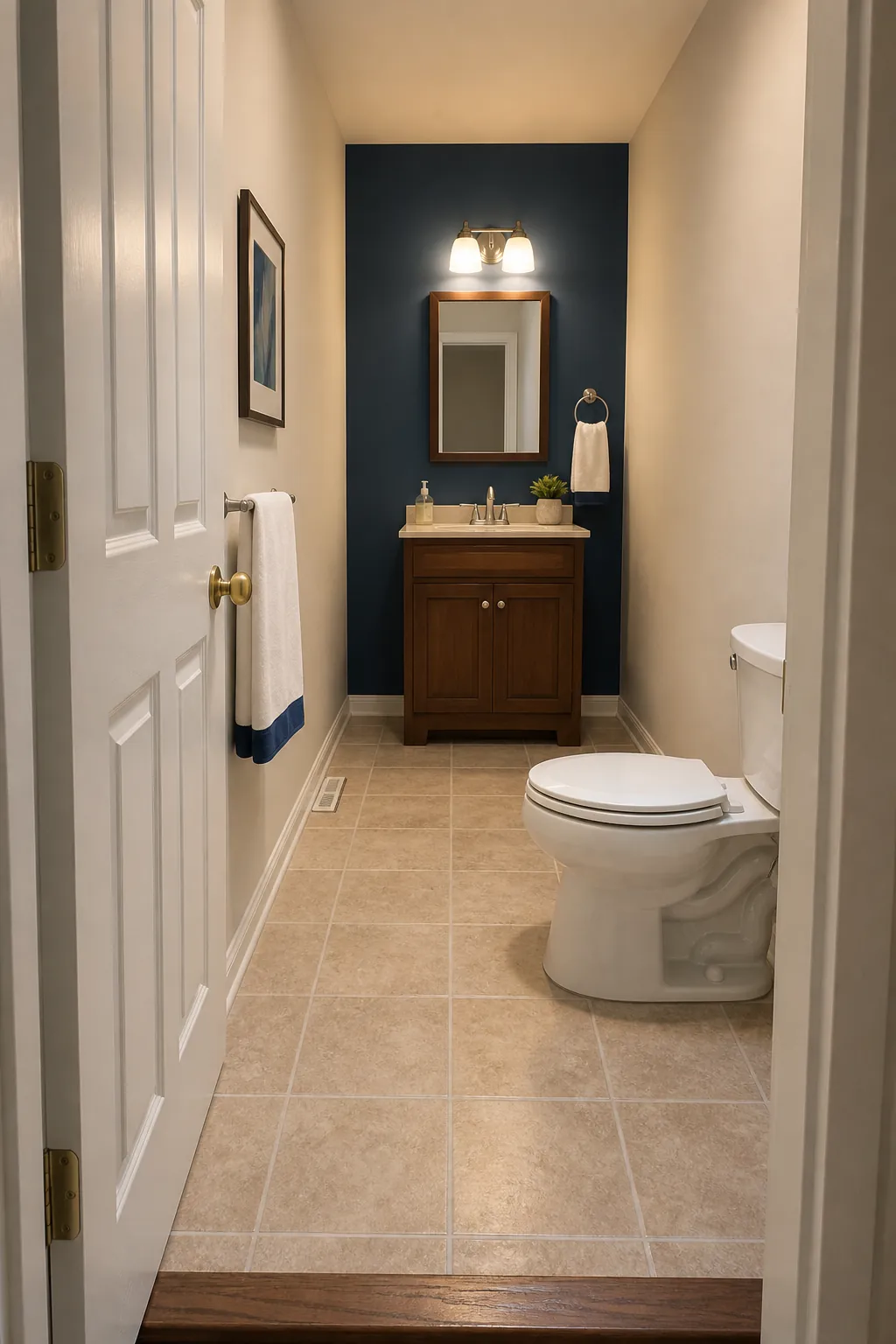 Long half bathroom visually balanced by a deep painted end wall