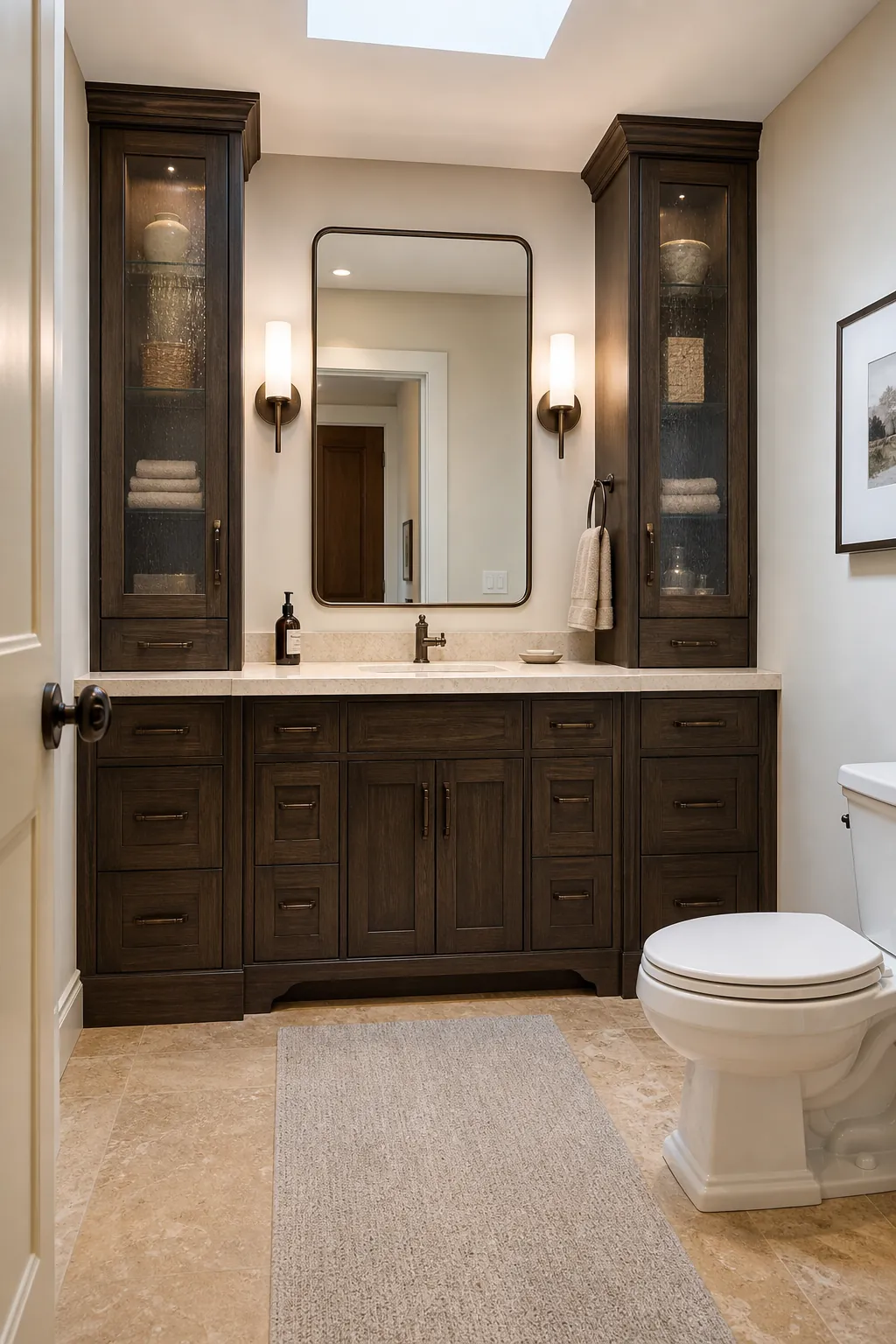 Spacious half bath with an integrated furniture-like vanity wall