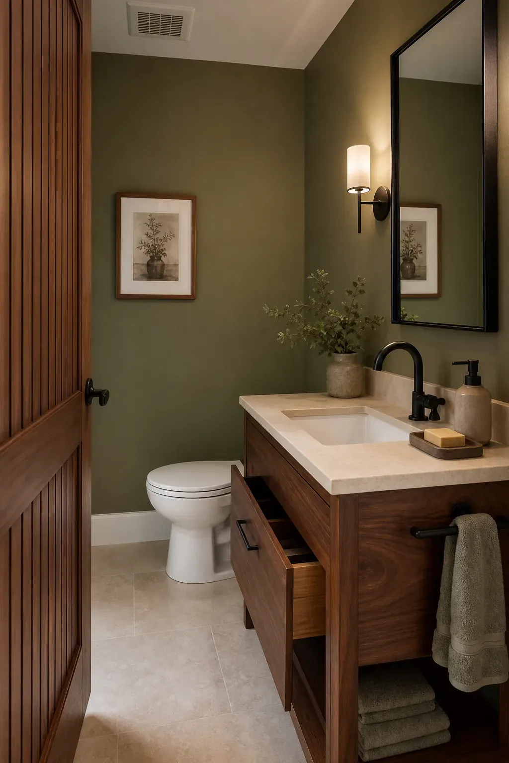 Warm modern Bloxburg half bathroom inspiration in walnut and green
