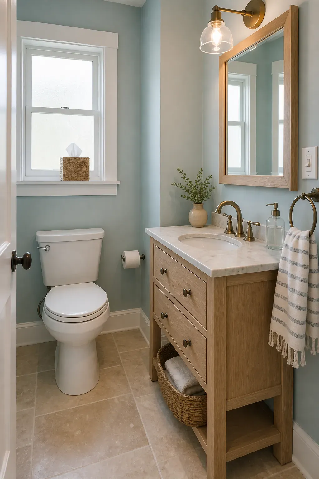 Coastal Bloxburg half bathroom idea with pale oak and sea-glass tones