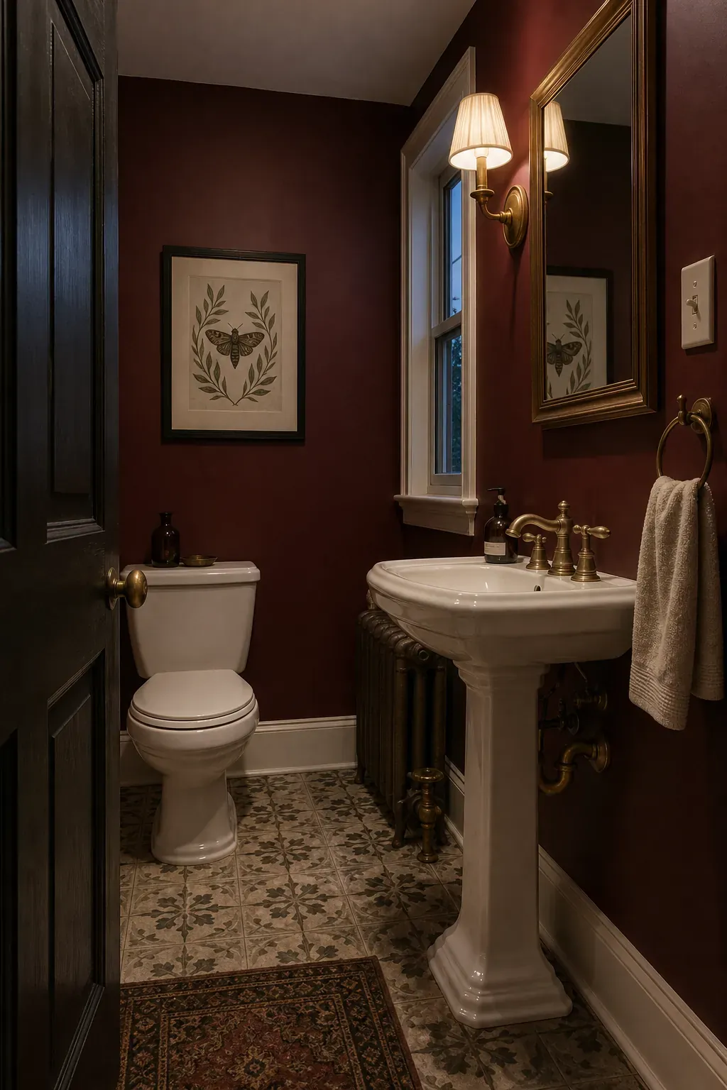 Moody vintage Bloxburg powder room inspiration with burgundy walls