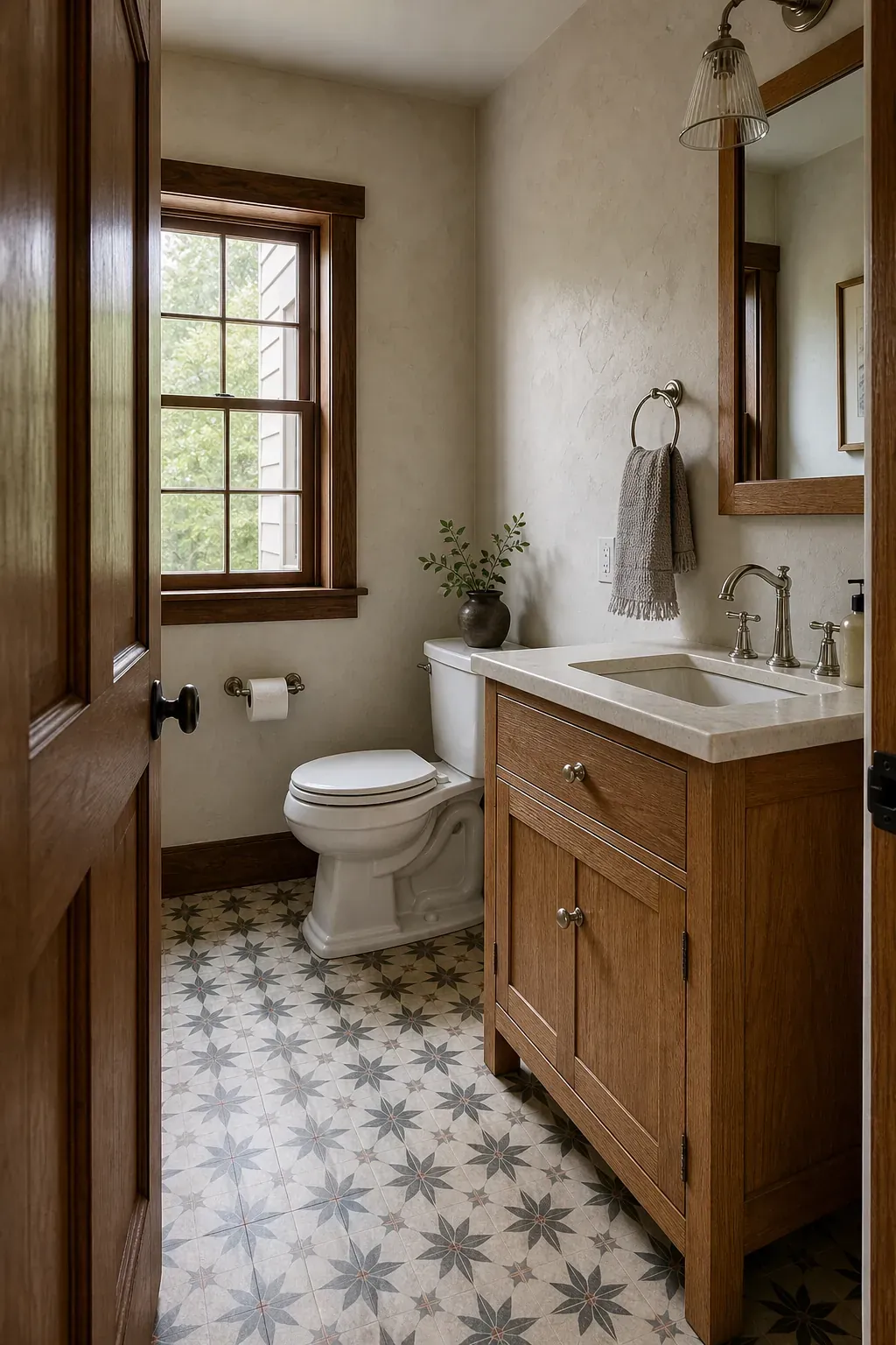 Textured Bloxburg half bathroom design with tile wood and plaster