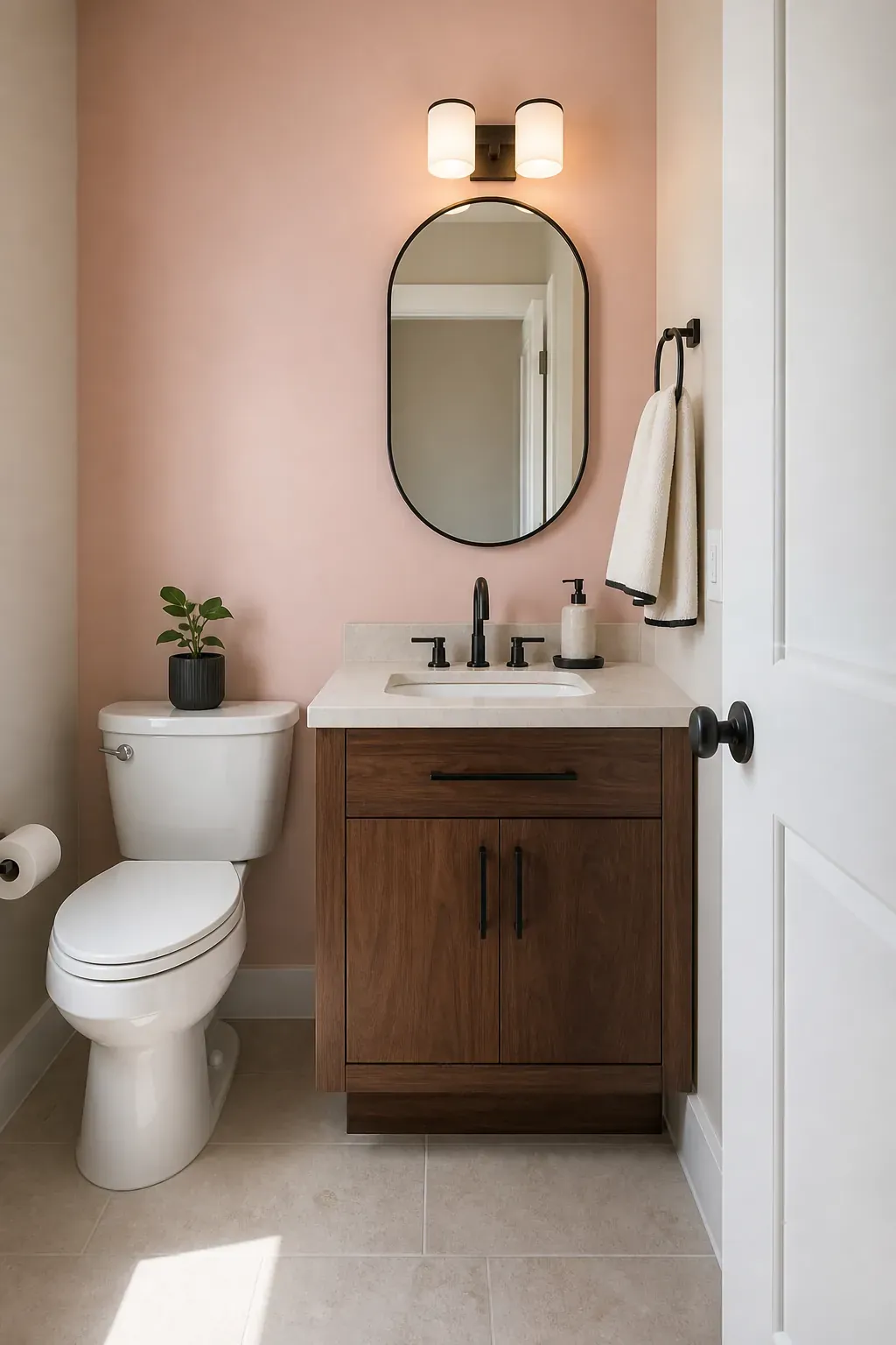 Blush Bloxburg half bathroom idea balanced with walnut and charcoal