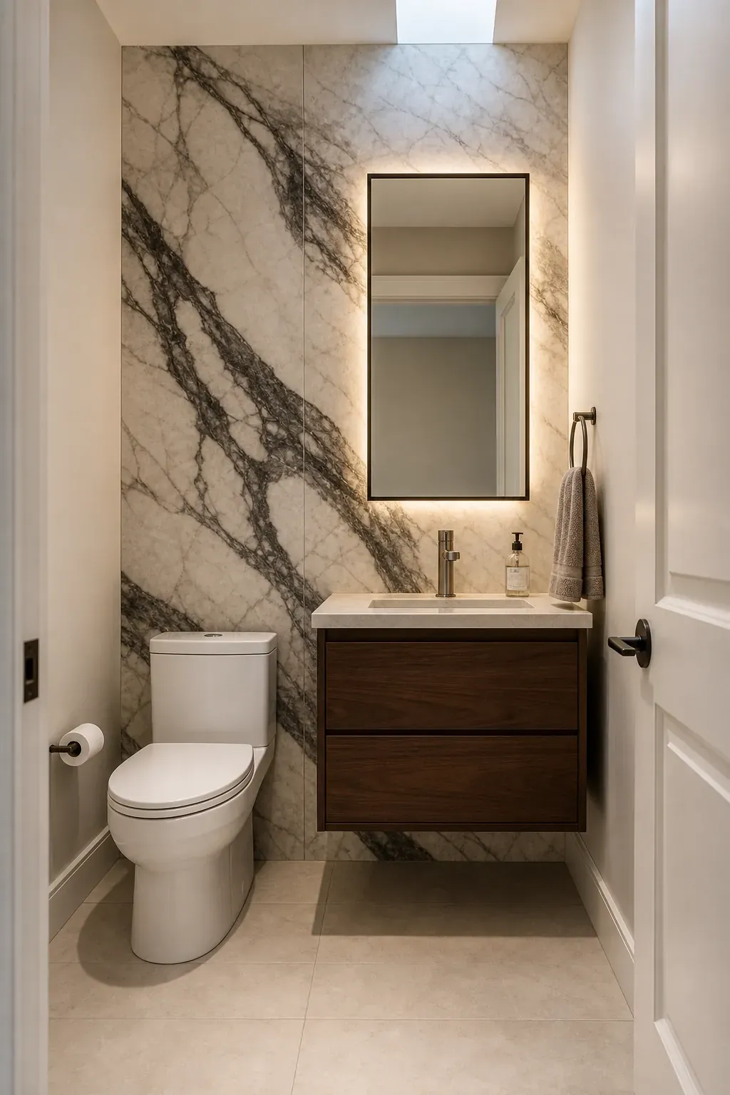 Luxury Bloxburg half bathroom idea with one dramatic stone focal wall