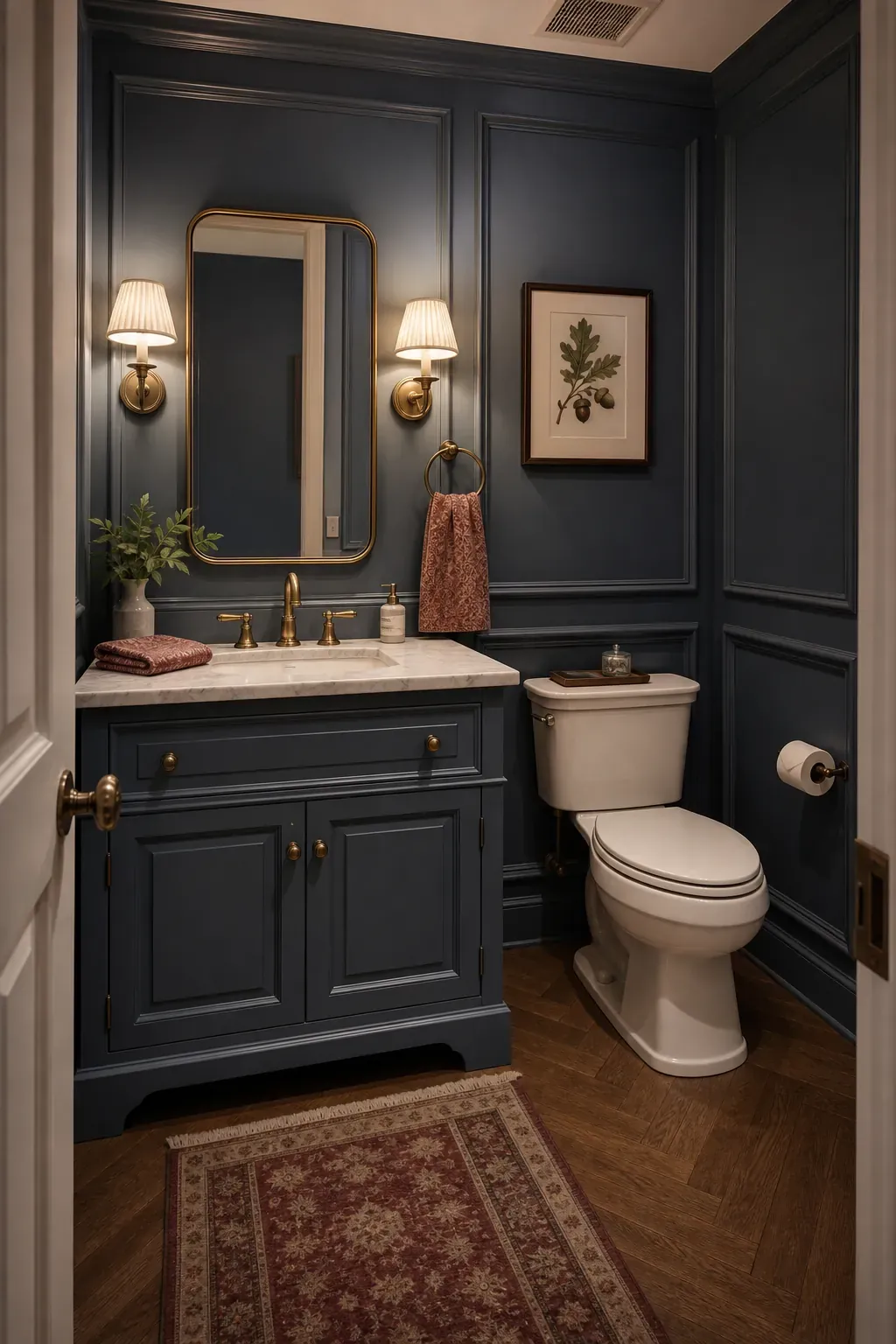 Traditional Bloxburg guest powder room idea with panel molding