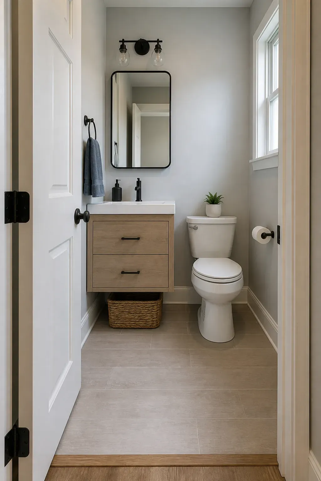 Well-planned Bloxburg half bathroom concept with a clear doorway view