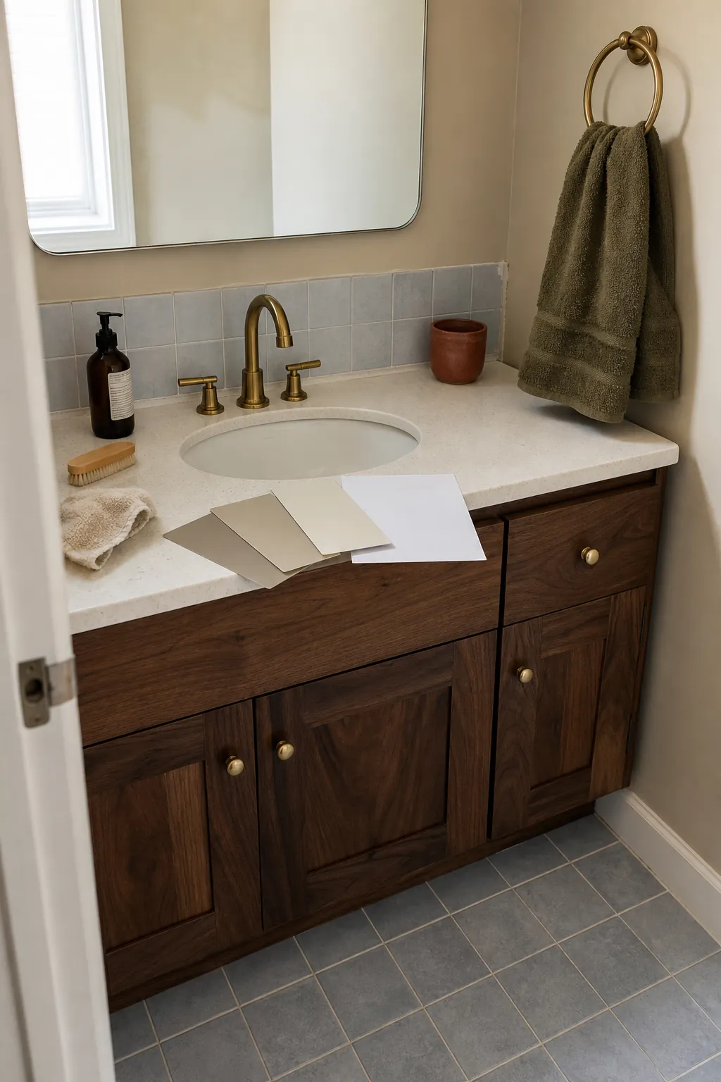 Warm earthy bathroom palette with putty walls, olive textiles, and walnut accents