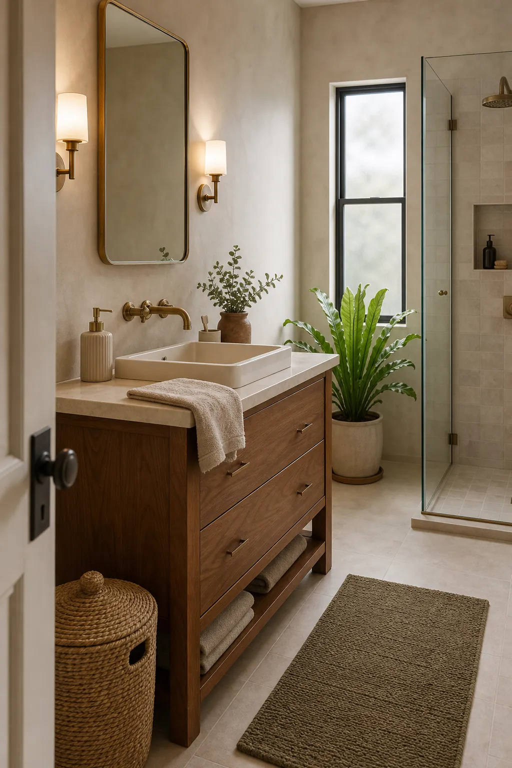 Warm earthy bathroom with walnut vanity, olive textiles, and natural stone
