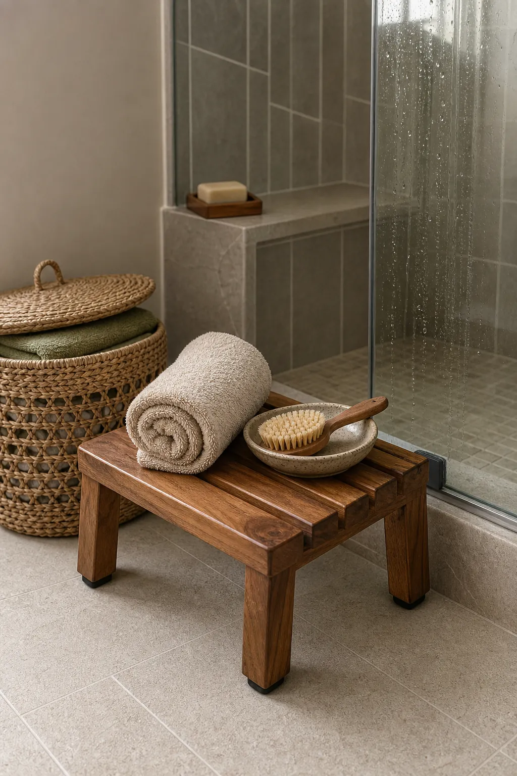 Natural bathroom storage with sealed wood stool and woven seagrass basket