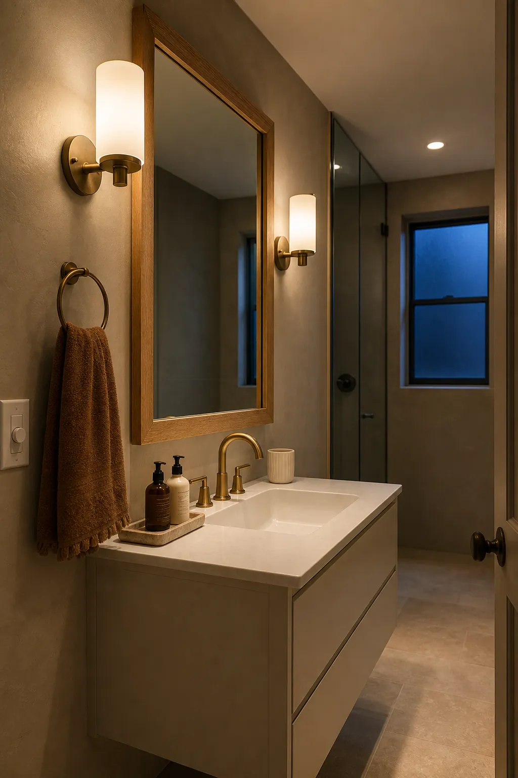 Cozy bathroom with warm layered sconces and natural evening light