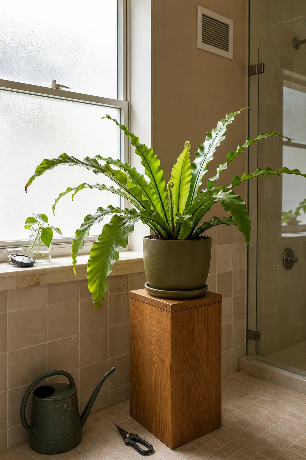 Healthy bathroom plant beside a frosted window in warm natural decor