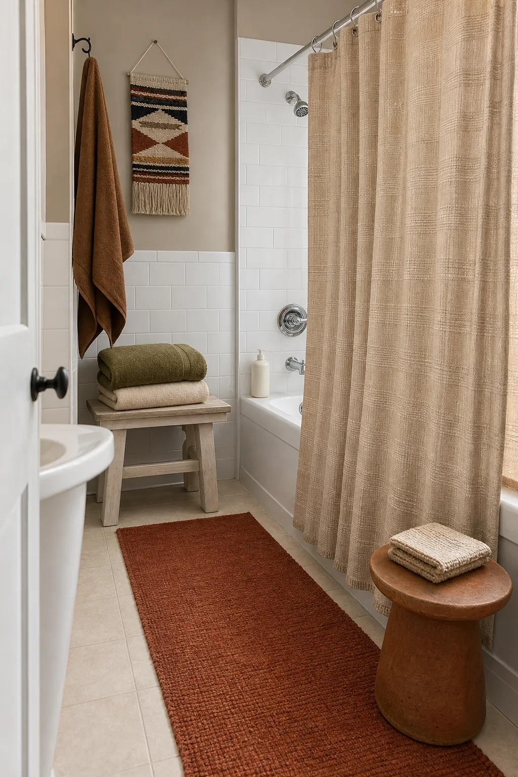 Earthy bathroom textiles in oatmeal, rust, and olive with visible woven texture