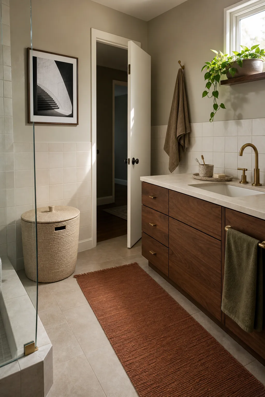 Quiet finished earthy bathroom with restrained decor and clear surfaces