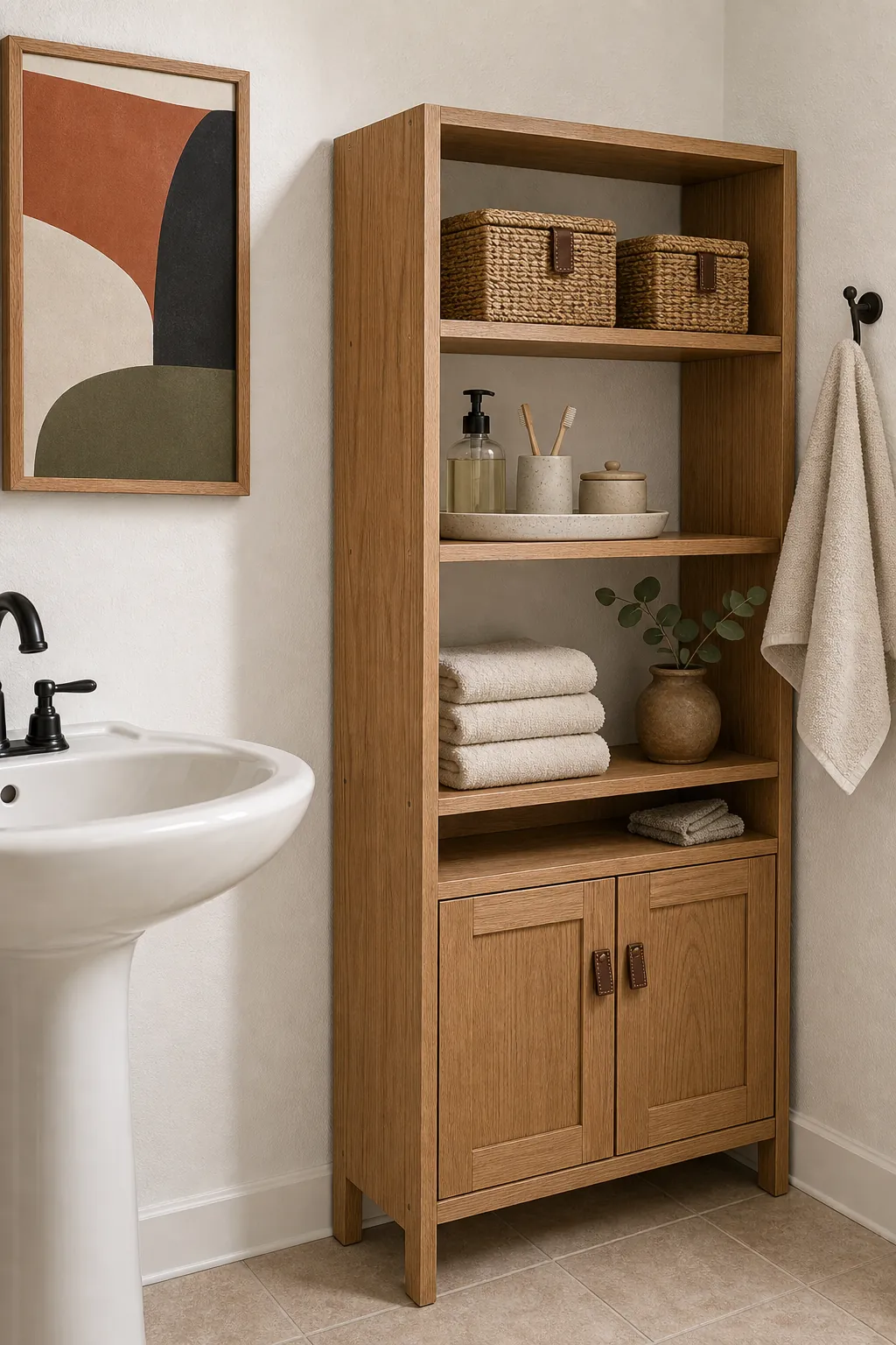 Organized earthy bathroom storage with ceramic tray, folded towels, and closed baskets