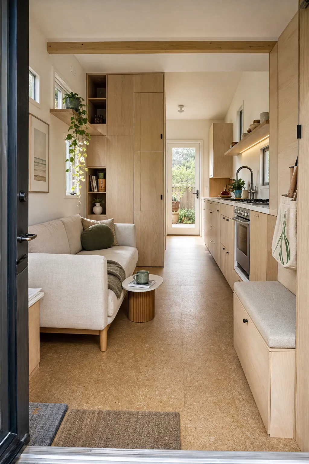 Open but practical tiny house interior with clear circulation and integrated storage