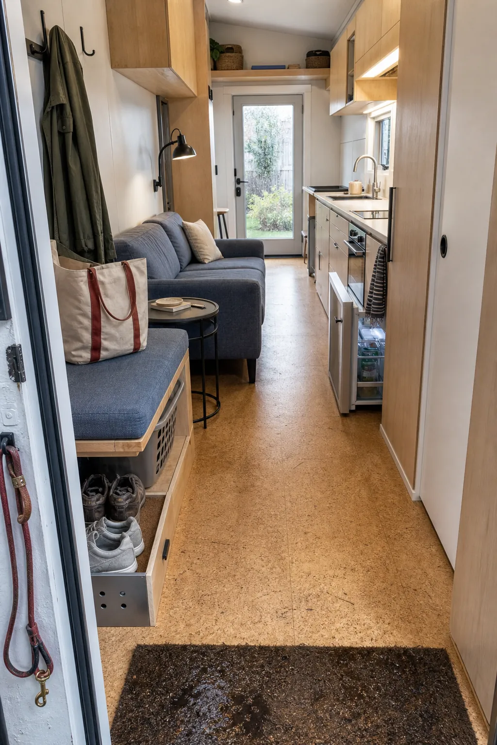 Open tiny house interior with a clear circulation path from entry to kitchen