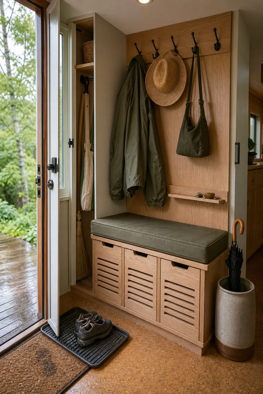 Practical tiny house entry with closed shoe storage and wall hooks