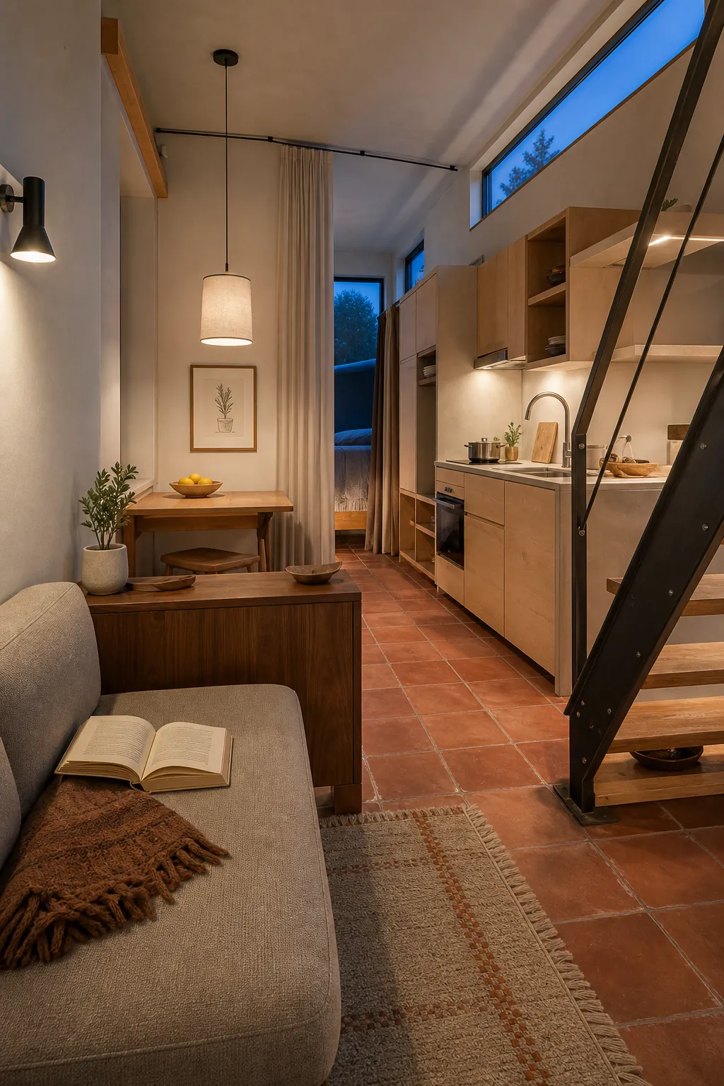 Tiny house layout using lighting and flooring to define living and kitchen zones