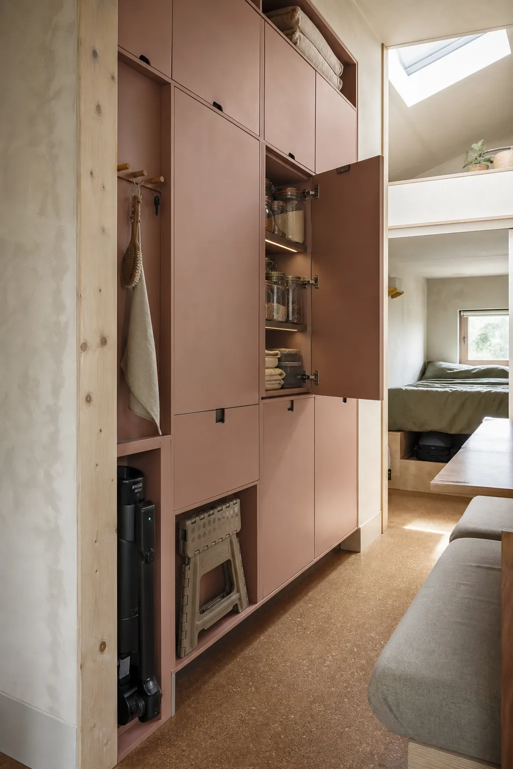 Shallow vertical storage wall in a practical open tiny house interior