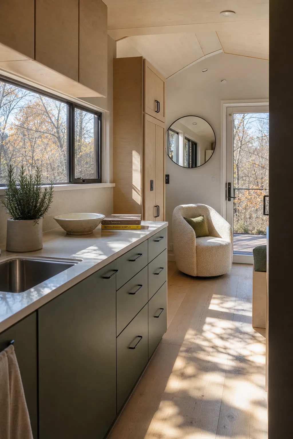 Bright tiny house interior using daylight, pale wood, light colors, and restrained contrast