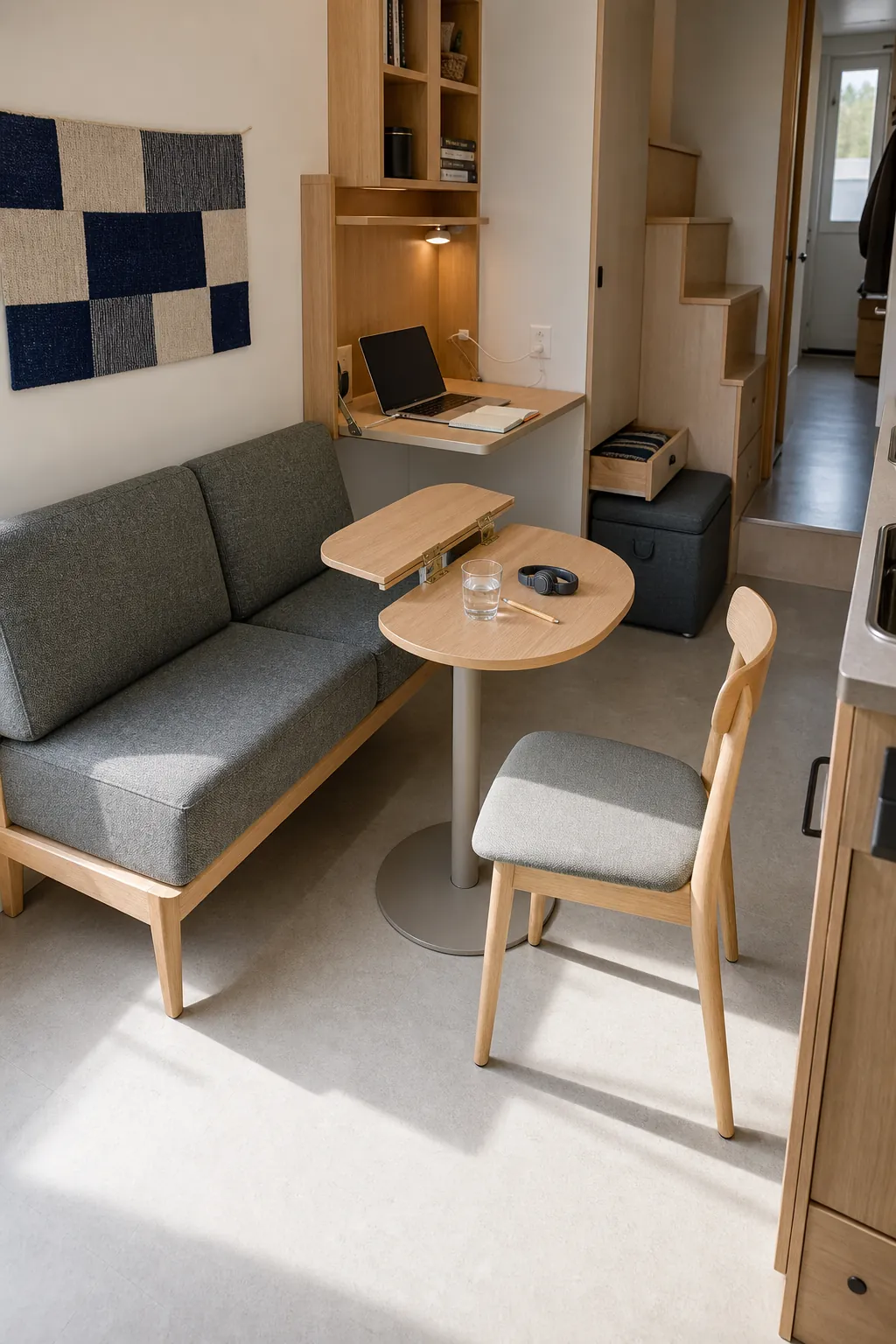 Compact tiny house furniture arranged with practical clearances around a table and sofa