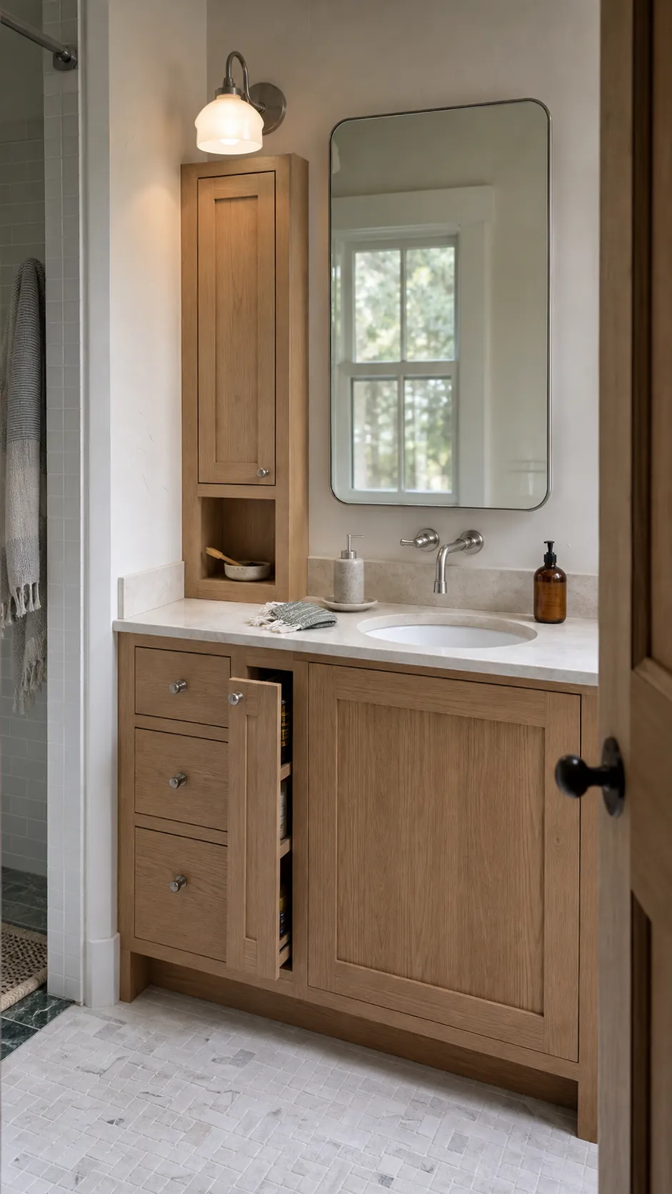 Warm modern bathroom vanity with practical side storage