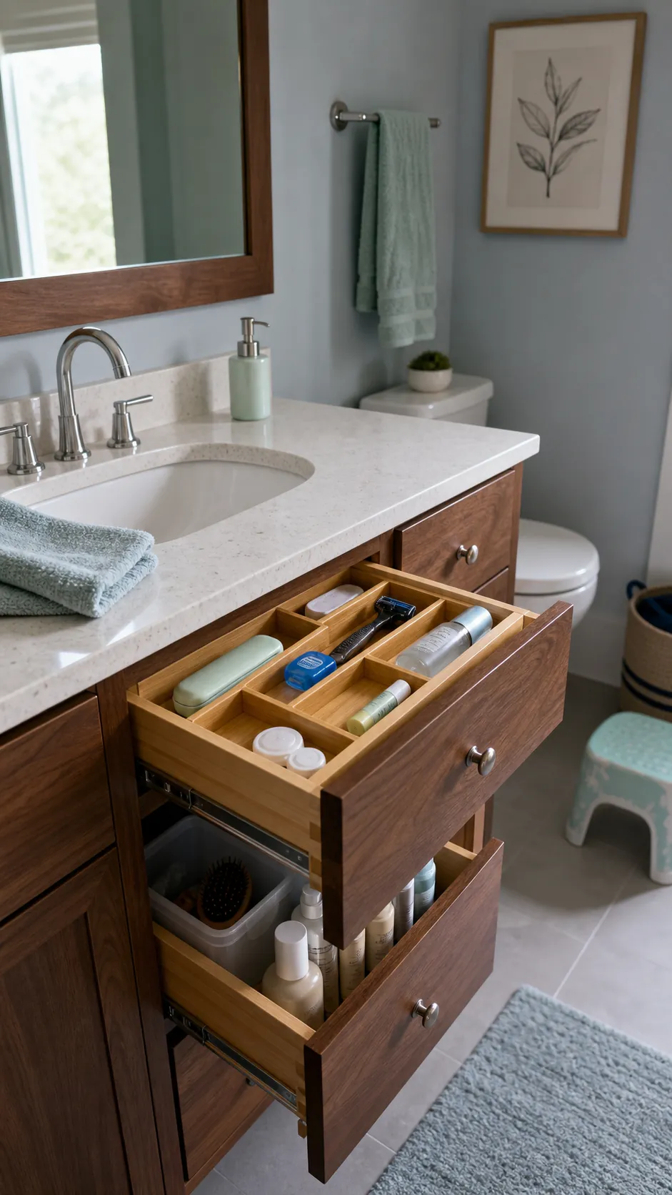 Organized side drawer bank beside a bathroom sink with daily toiletries