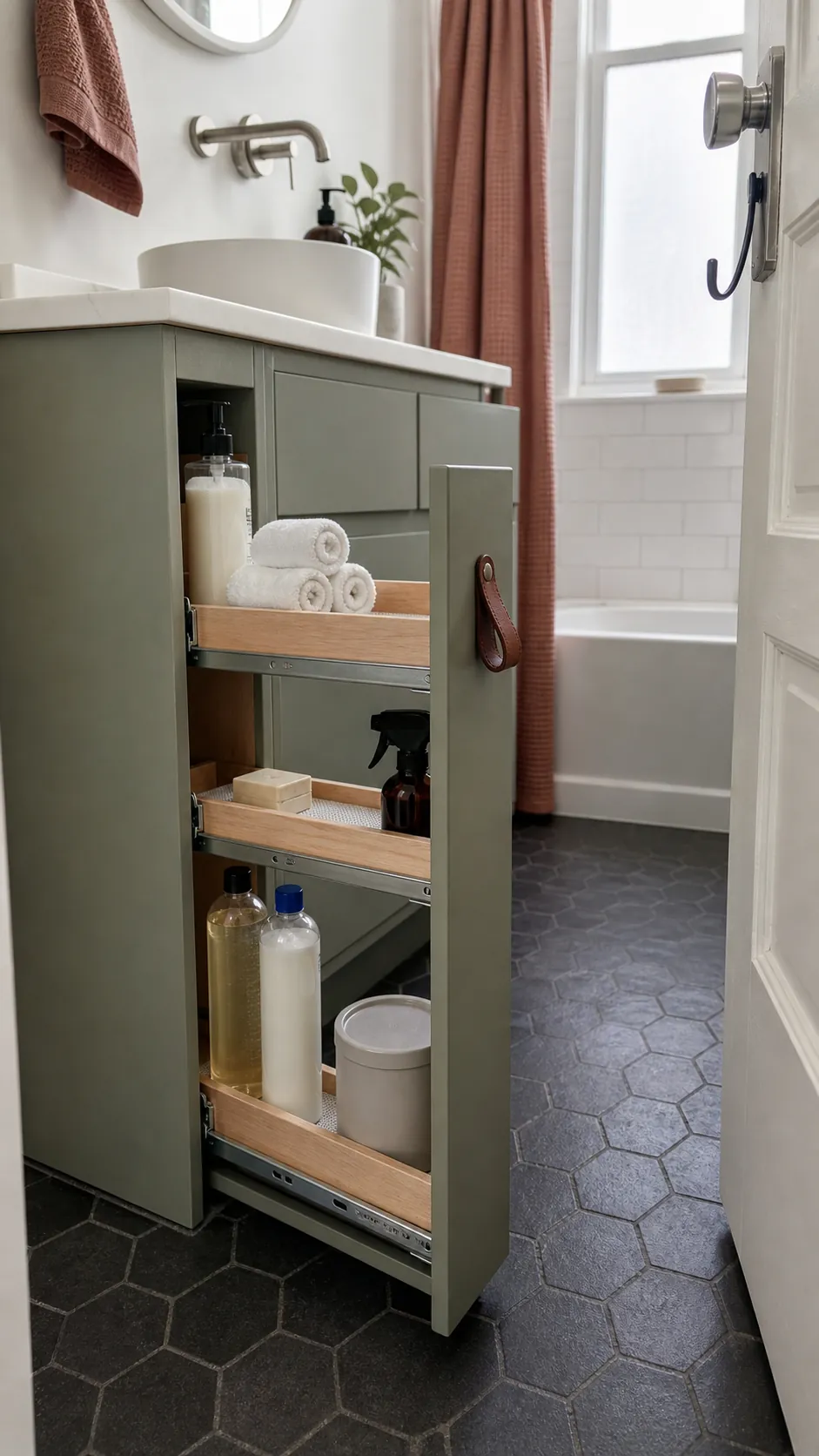 Slim bathroom vanity side pullout holding bottles and rolled washcloths