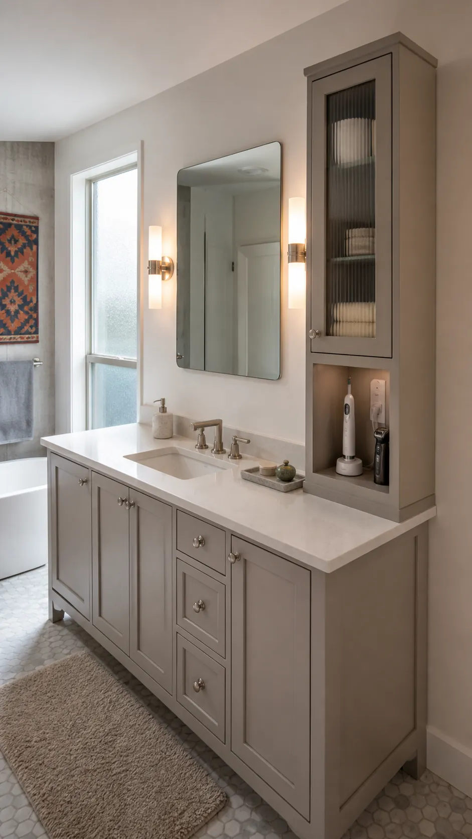 Bathroom vanity with a shallow side tower and clear counter landing space